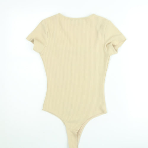 Cider Women’s Beige Ribbed Short Sleeve Square Neck Bodysuit Size S