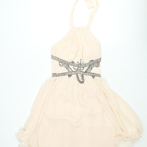 Little Mistress Womens Beige Halter Short A-Line Beaded Dress Size 12