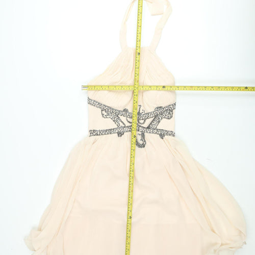 Little Mistress Womens Beige Halter Short A-Line Beaded Dress Size 12