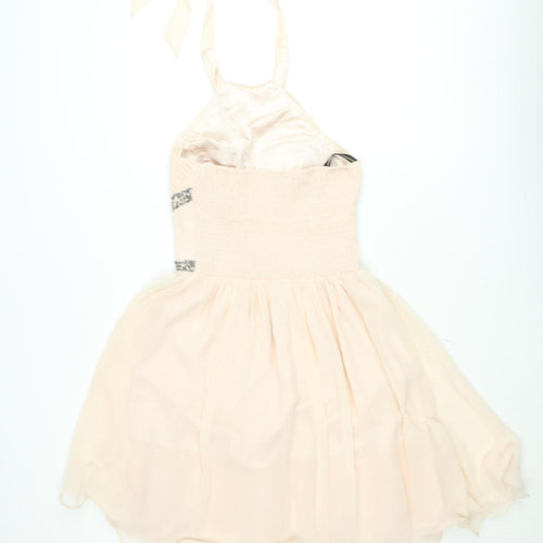 Little Mistress Womens Beige Halter Short A-Line Beaded Dress Size 12
