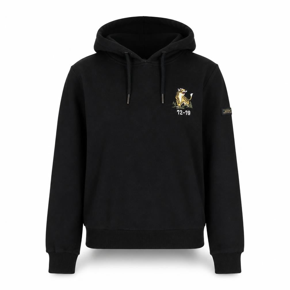 Front view of Superdry women’s black embroidered pullover hoodie, size M