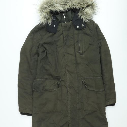 River Island Womens Green Parka Coat XS Hooded Fur Trim Winter Jacket