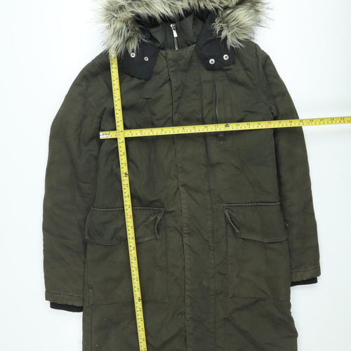 River Island Womens Green Parka Coat XS Hooded Fur Trim Winter Jacket