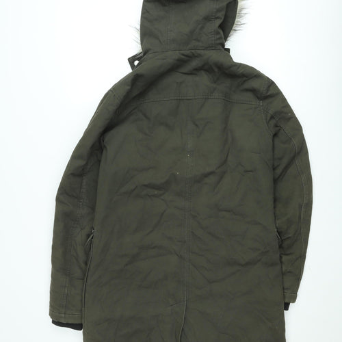 River Island Womens Green Parka Coat XS Hooded Fur Trim Winter Jacket
