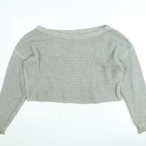Missguided Women’s Grey Open-Knit Boat Neck Pullover Jumper Size 10/12