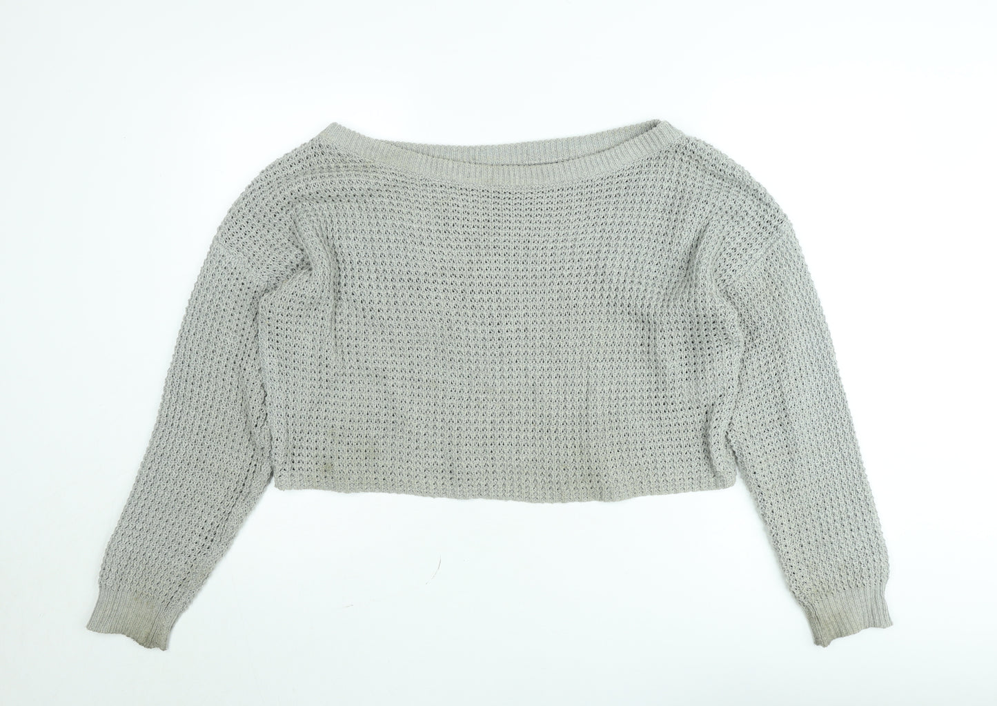 Missguided Women’s Grey Open-Knit Boat Neck Pullover Jumper Size 10/12