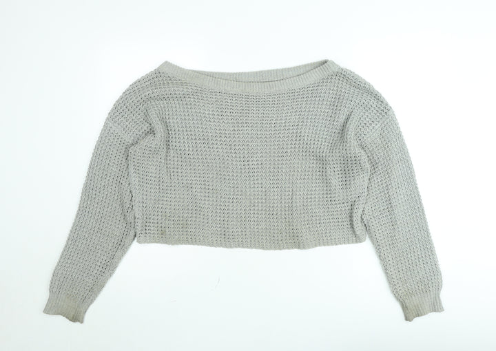 Missguided Women’s Grey Open-Knit Boat Neck Pullover Jumper Size 10/12