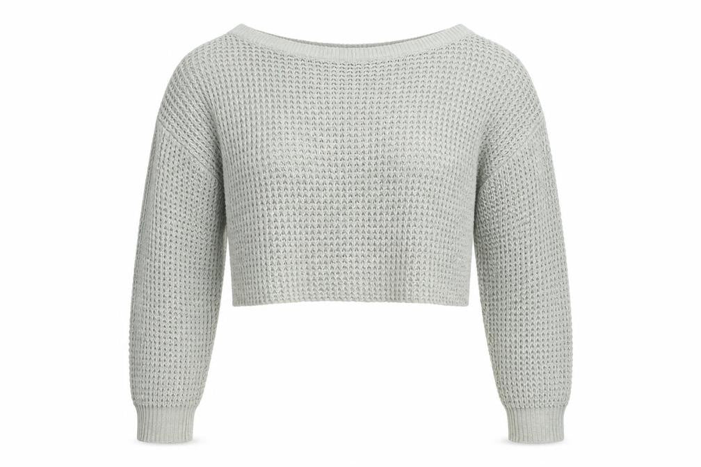 Front view of Missguided Women’s Grey Open-Knit Boat Neck jumper, size UK 10/12