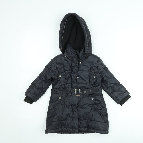 DKNY Girls Black Belted Hooded Long Puffer Coat Size 2 Years Winter Jacket