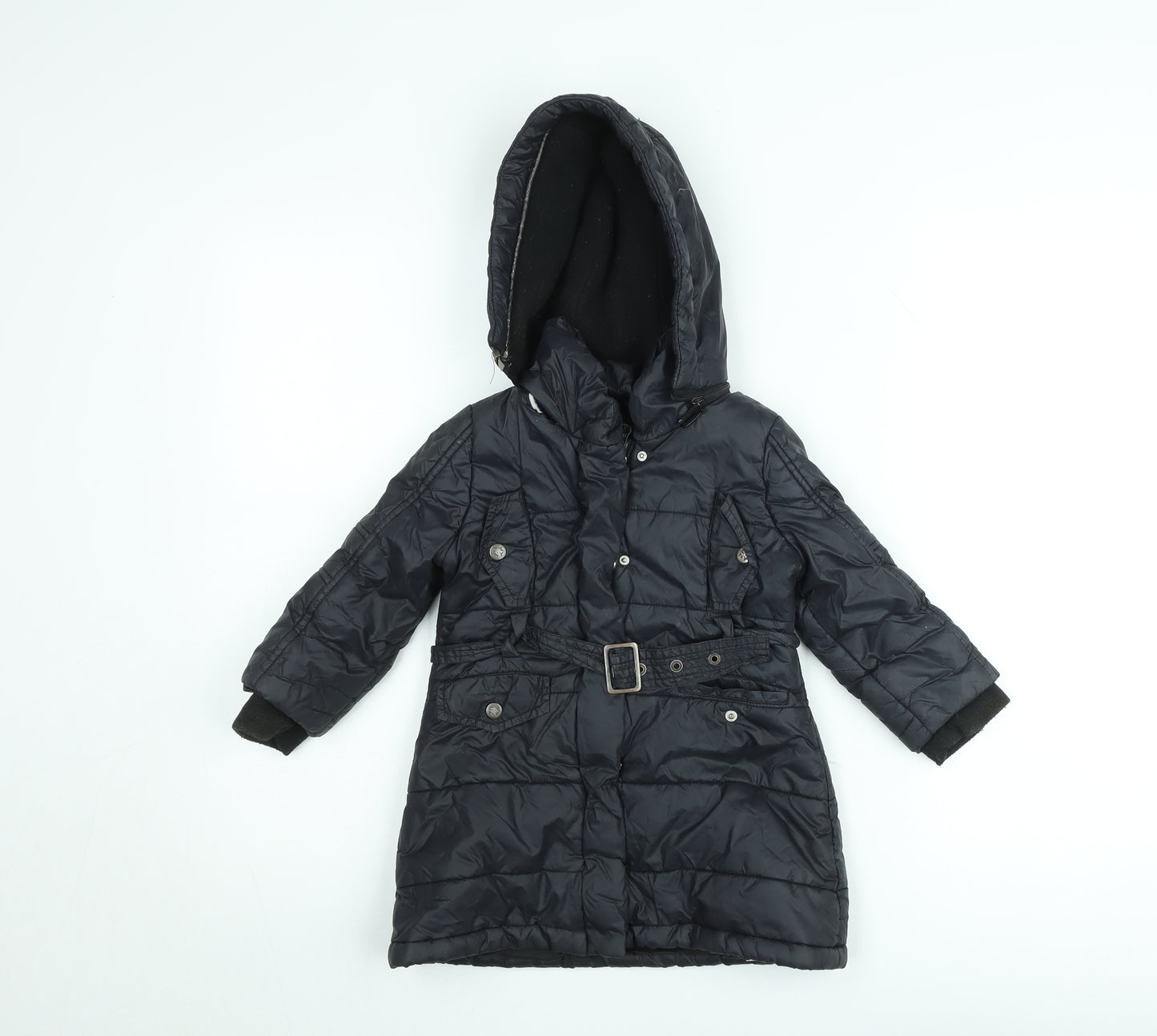 DKNY Girls Black Belted Hooded Long Puffer Coat Size 2 Years Winter Jacket