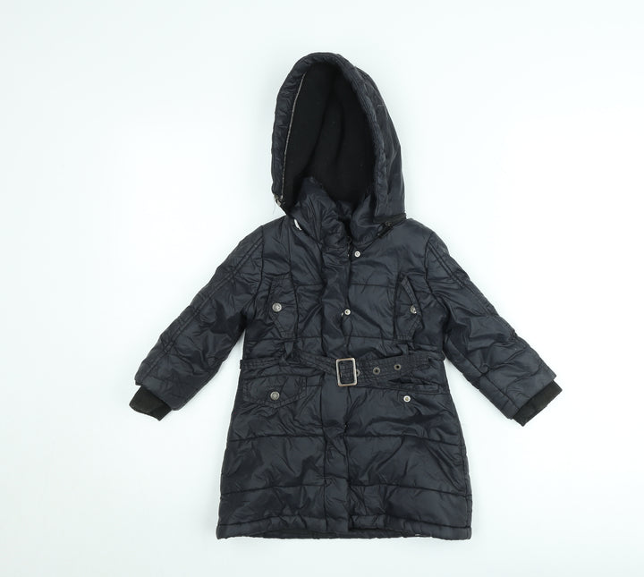 DKNY Girls Black Belted Hooded Long Puffer Coat Size 2 Years Winter Jacket