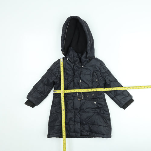 DKNY Girls Black Belted Hooded Long Puffer Coat Size 2 Years Winter Jacket