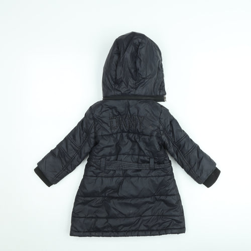 DKNY Girls Black Belted Hooded Long Puffer Coat Size 2 Years Winter Jacket
