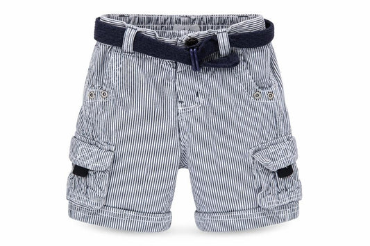 Front view of Early Days boys’ grey striped cargo shorts with belt, size 12-18, months