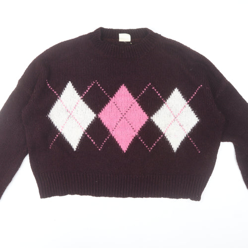 Sybilla Women Brown Pink Argyle Knit Pullover Jumper Size M
