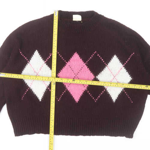 Sybilla Women Brown Pink Argyle Knit Pullover Jumper Size M