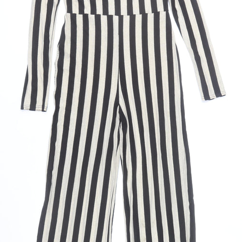 PrettyLittleThing Women’s Black & Beige Striped Long Sleeve Jumpsuit UK 14