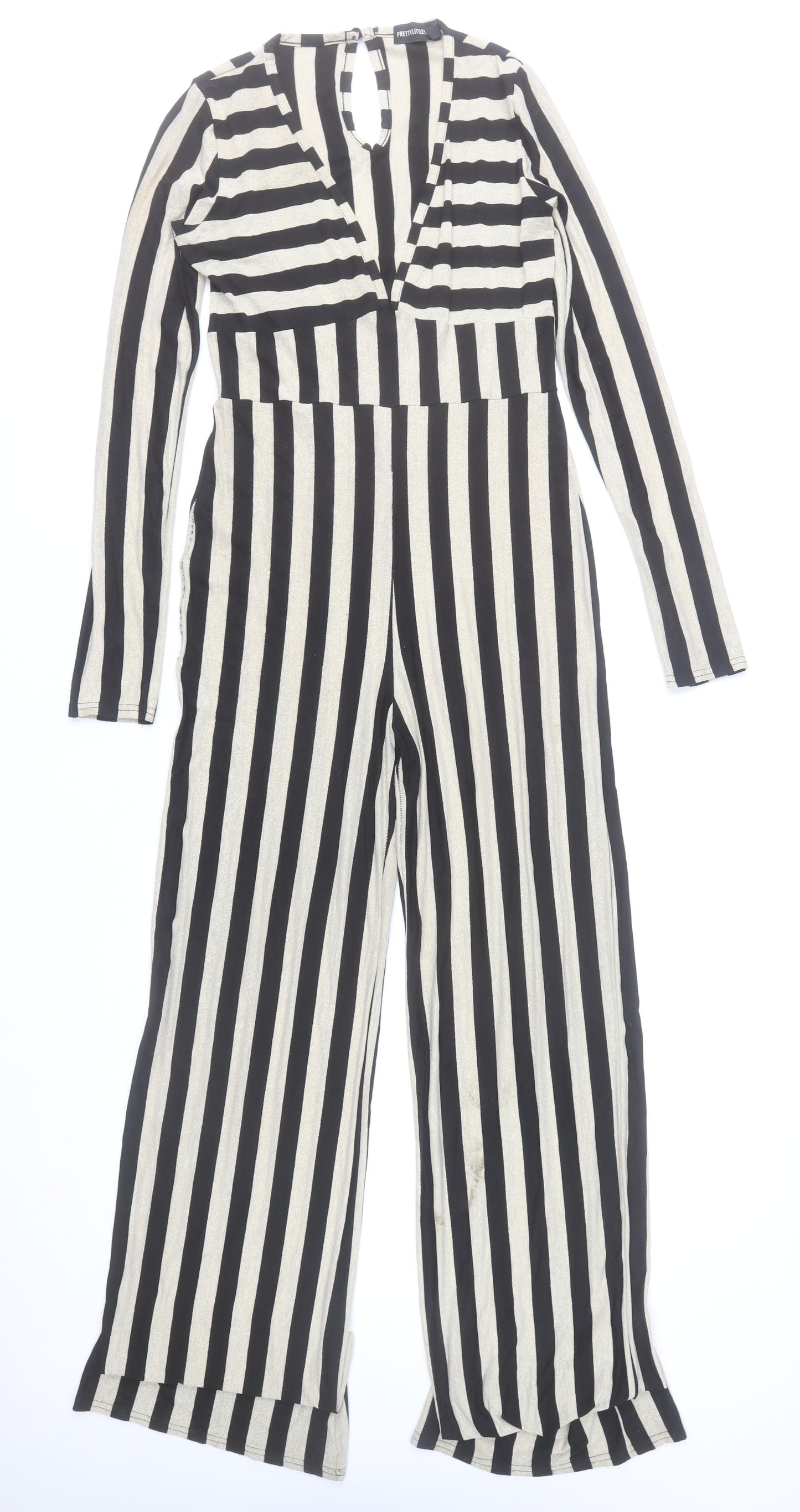 PrettyLittleThing Women’s Black & Beige Striped Long Sleeve Jumpsuit UK 14