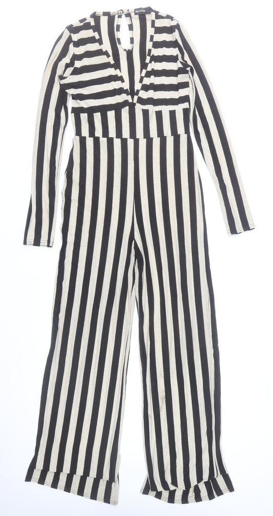 PrettyLittleThing Women’s Black & Beige Striped Long Sleeve Jumpsuit UK 14