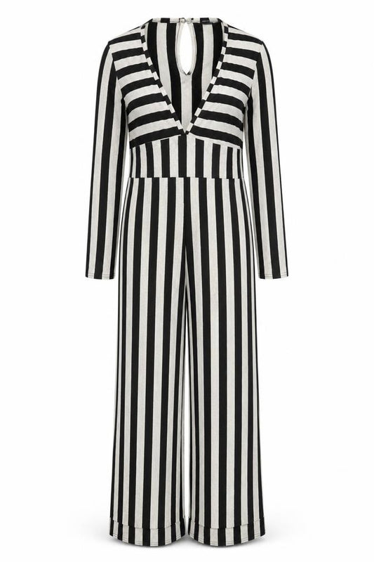 Front view of PRETTYLITTLETHING Women’s Black & Beige Striped Long Sleeve Jumpsuit UK 14