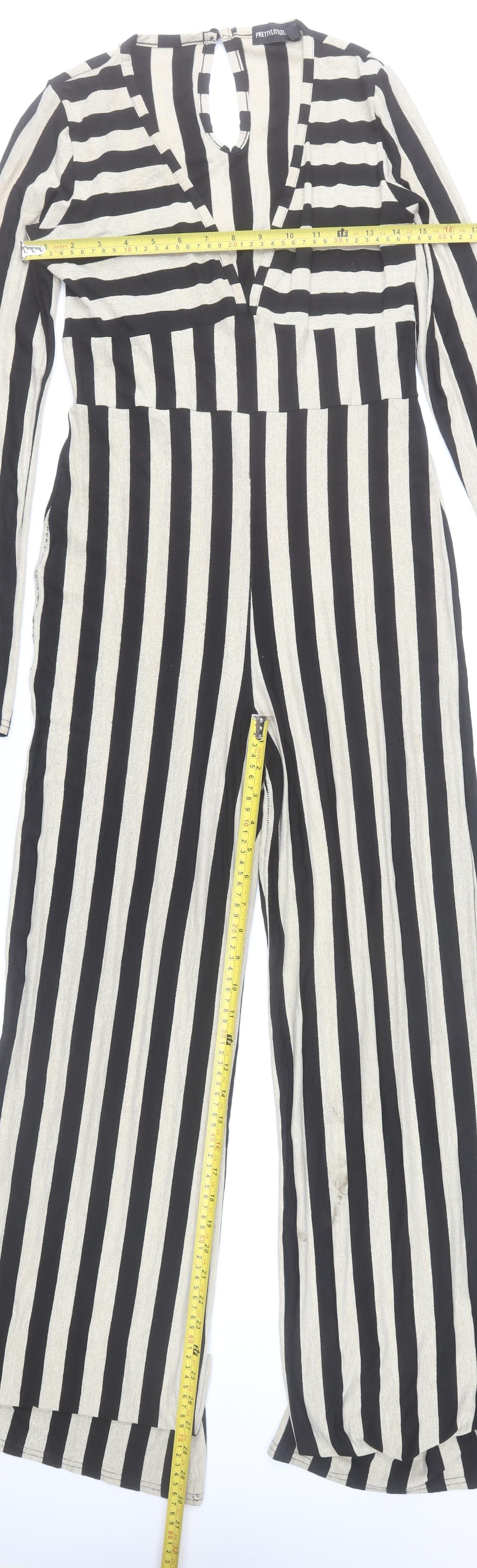 PrettyLittleThing Women’s Black & Beige Striped Long Sleeve Jumpsuit UK 14