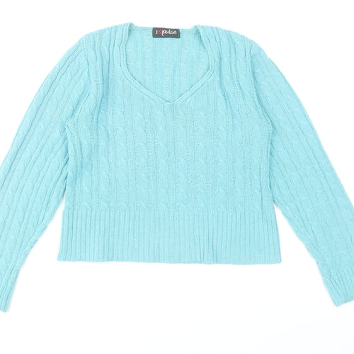 I Love Pulse Womens Blue Cable Knit V-Neck Pullover Jumper Size 4