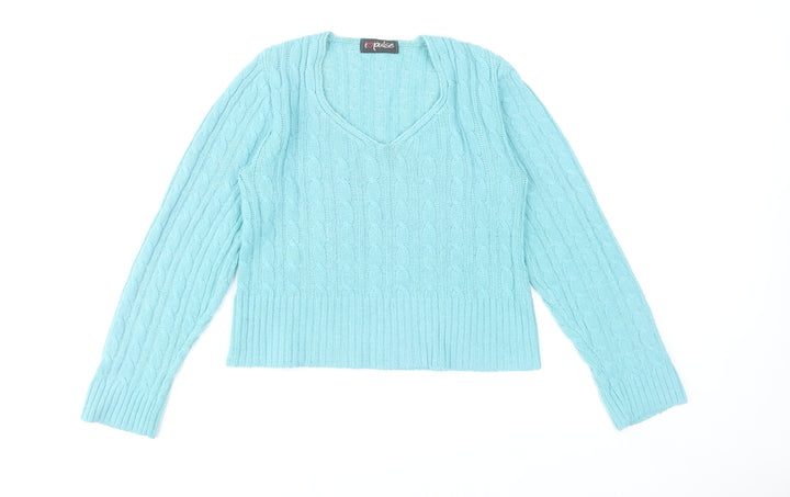 I Love Pulse Womens Blue Cable Knit V-Neck Pullover Jumper Size 4