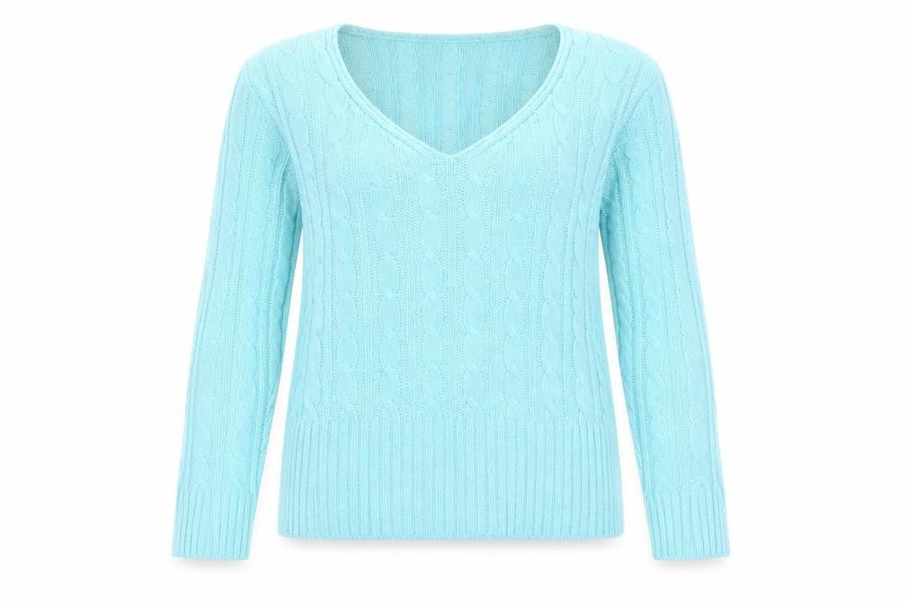 Front view of I Love Pulse women’s blue cable knit v-neck jumper, size UK 4