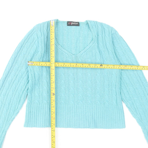 I Love Pulse Womens Blue Cable Knit V-Neck Pullover Jumper Size 4