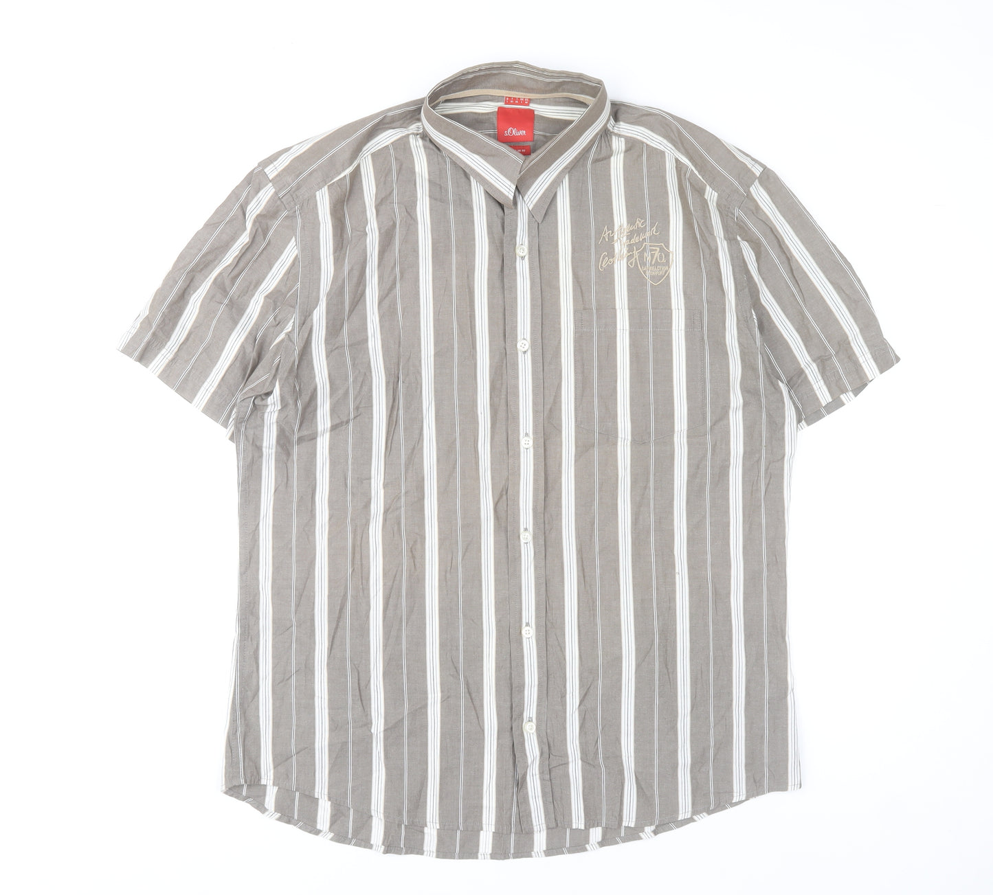 s.Oliver Men's Brown Striped Short Sleeve Button-Up Shirt L Regular Fit