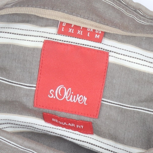 s.Oliver Men's Brown Striped Short Sleeve Button-Up Shirt L Regular Fit