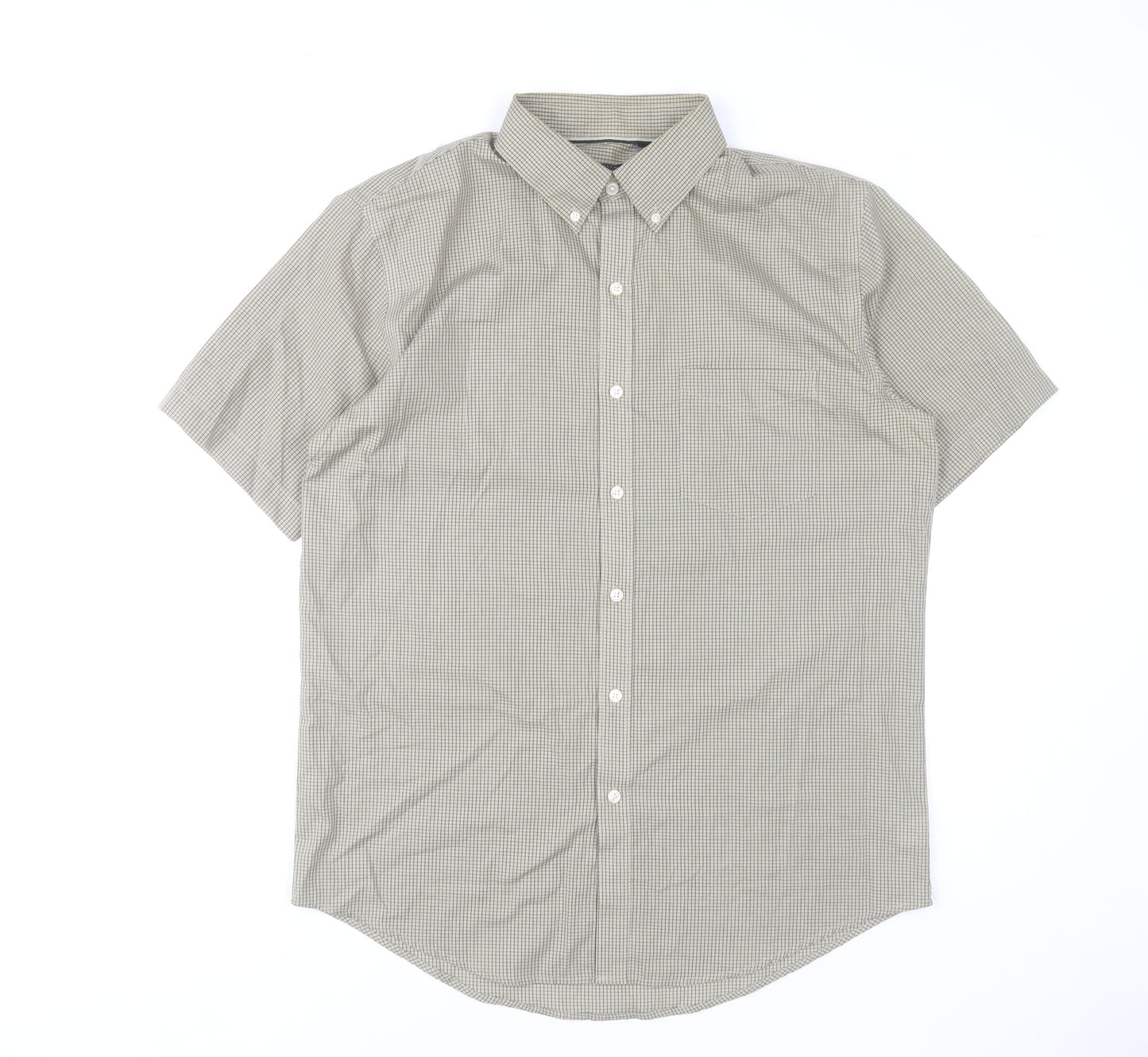 Van Heusen Men's Beige Checked Short Sleeve Classic Fit Shirt M 15.5in
