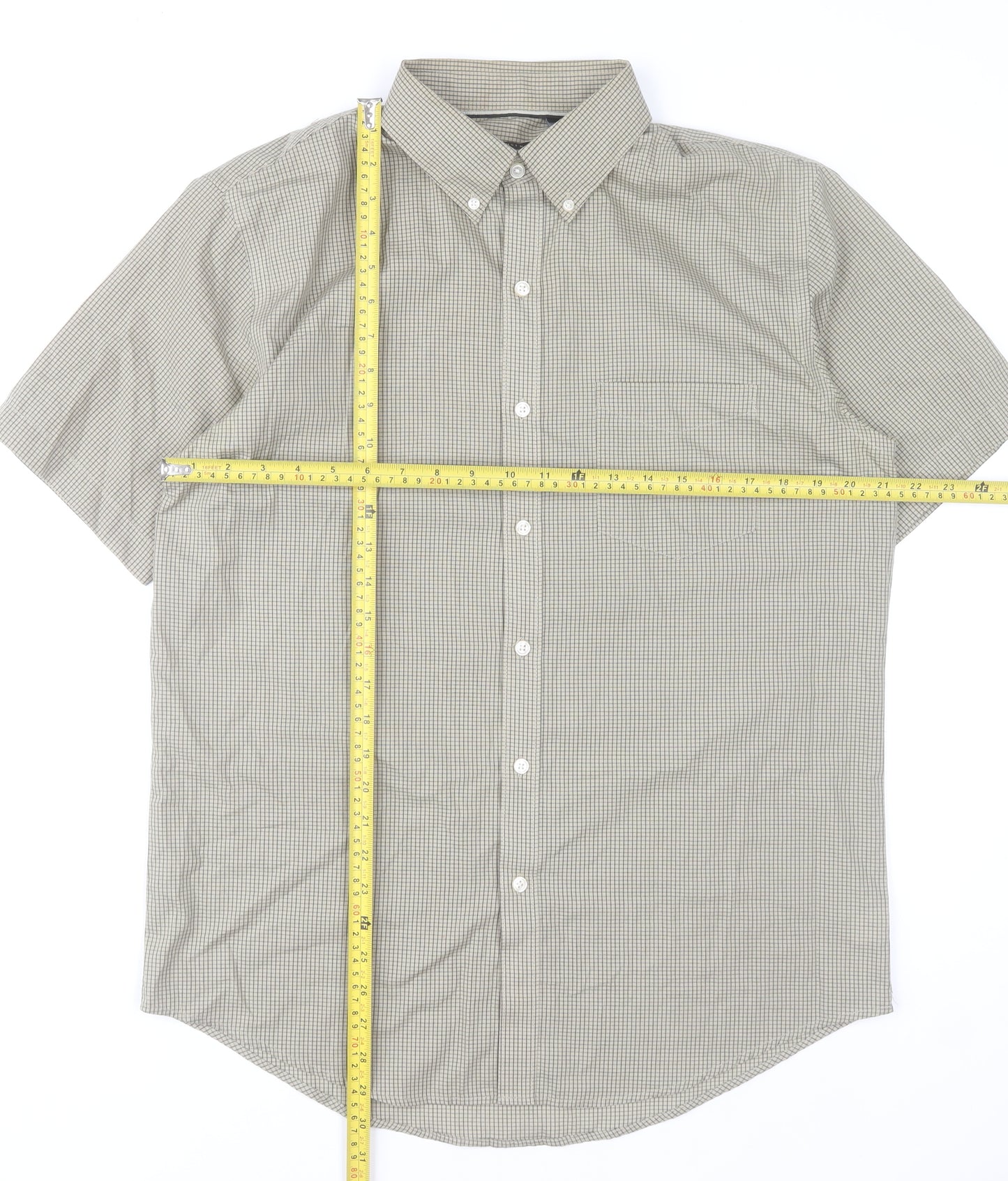 Van Heusen Men's Beige Checked Short Sleeve Classic Fit Shirt M 15.5in