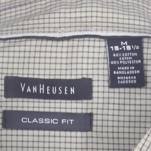 Van Heusen Men's Beige Checked Short Sleeve Classic Fit Shirt M 15.5in