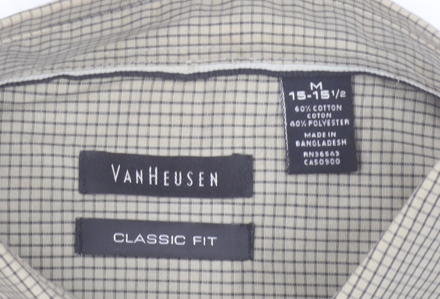 Van Heusen Men's Beige Checked Short Sleeve Classic Fit Shirt M 15.5in
