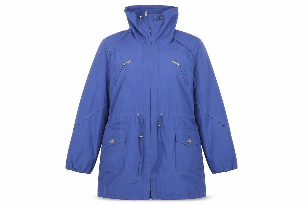 Front view of Apropos women’s blue hooded parka jacket xl polyester zip pockets