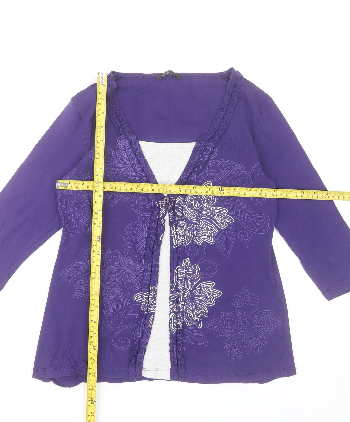 Bm Women's Purple Floral Tunic Top Size S 3/4 Sleeve 100% Cotton