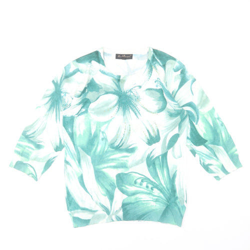 Mudflower Women's Green Floral Rhinestone Knit Jumper S 3/4 Sleeve Pullover