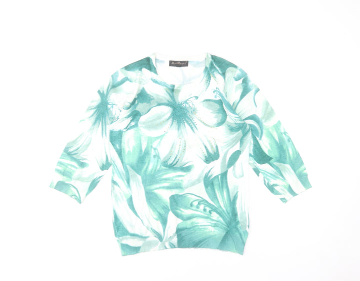 Mudflower Women's Green Floral Rhinestone Knit Jumper S 3/4 Sleeve Pullover