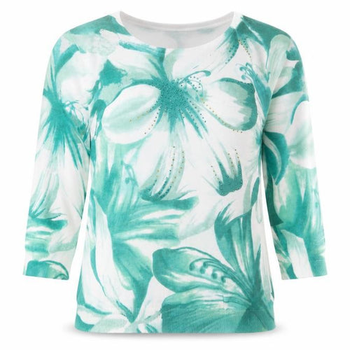 Mudflower Women's Green Floral Rhinestone Knit Jumper S 3/4 Sleeve Pullover
