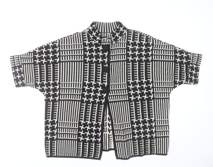 Tea Lane Women Black & Beige Short Sleeve Cardigan S Geometric Knit