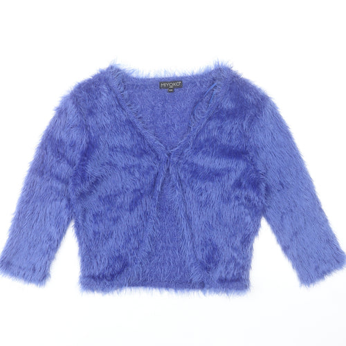 Miyoko London Women's Blue Fuzzy Knit V-Neck Cardigan S