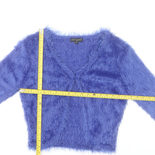Miyoko London Women's Blue Fuzzy Knit V-Neck Cardigan S