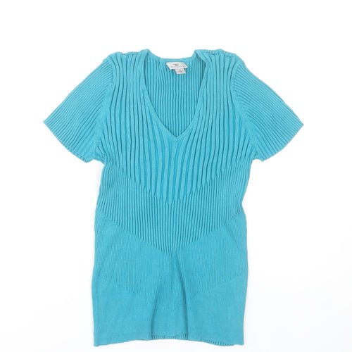 Worthington Women Blue V-Neck Ribbed Knit Top Size L