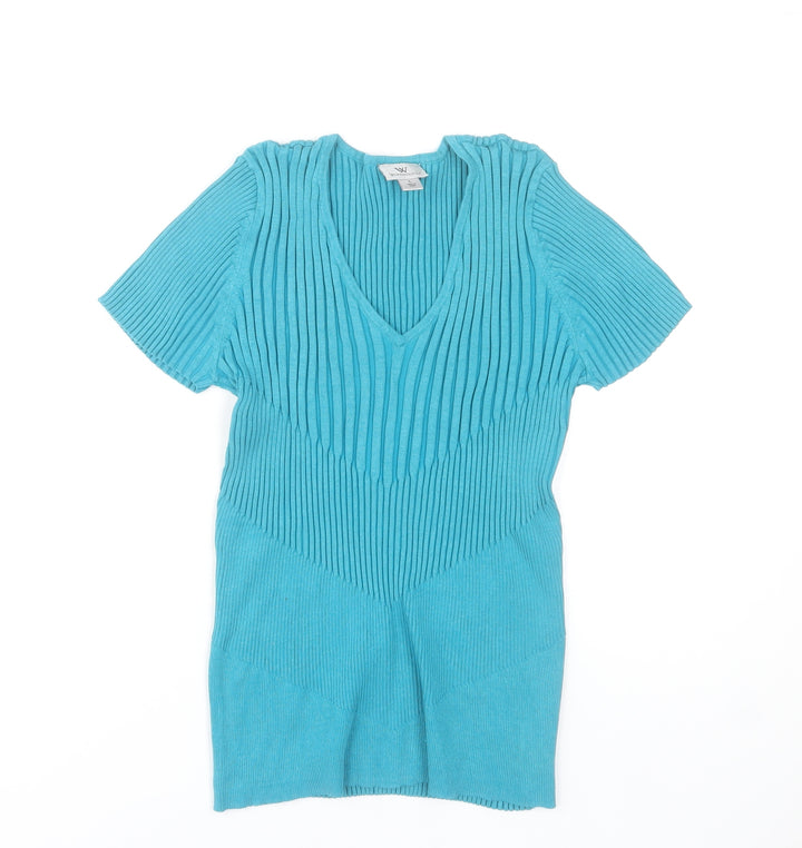 Worthington Women Blue V-Neck Ribbed Knit Top Size L