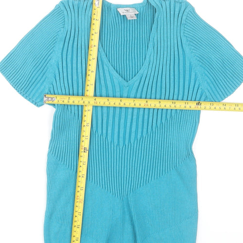 Worthington Women Blue V-Neck Ribbed Knit Top Size L
