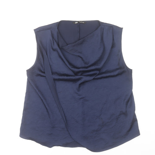 Zara Women Blue Sleeveless Cowl Neck Wrap Blouse XL