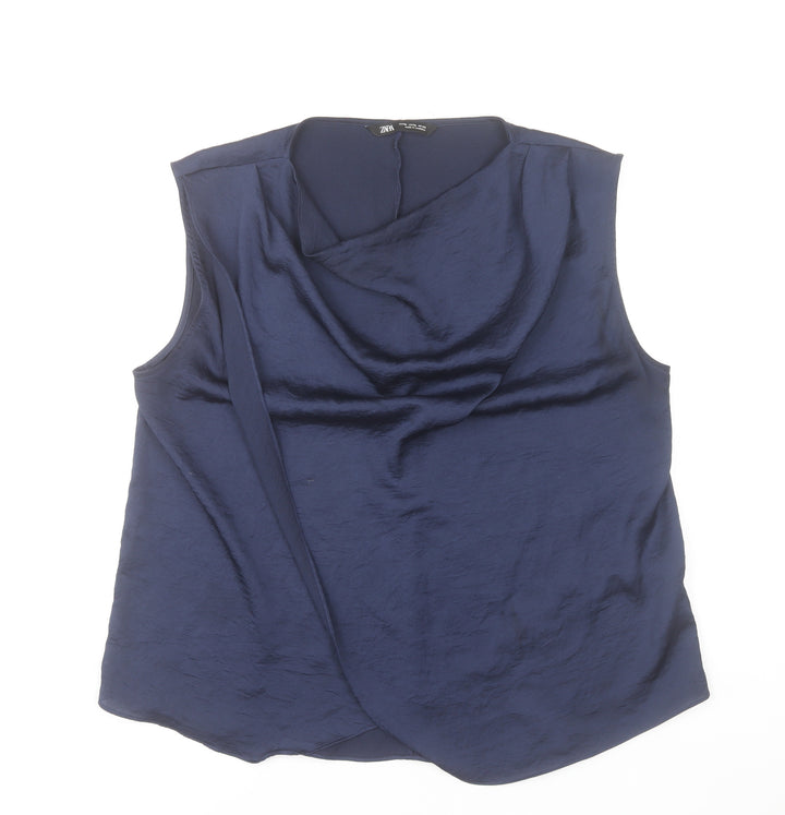 Zara Women Blue Sleeveless Cowl Neck Wrap Blouse XL