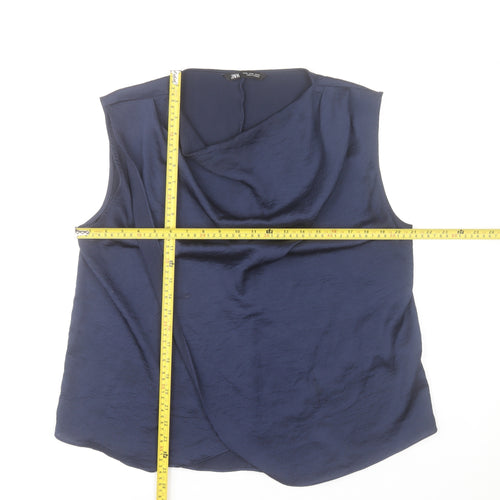 Zara Women Blue Sleeveless Cowl Neck Wrap Blouse XL