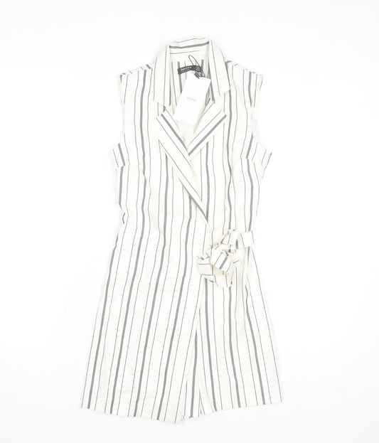 Bershka Womens Ivory Striped Sleeveless Collared Belted Playsuit XS